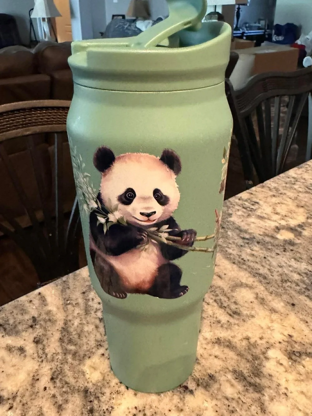Hand Crafted Mint Green Panda Travel Tumbler scratch on handle